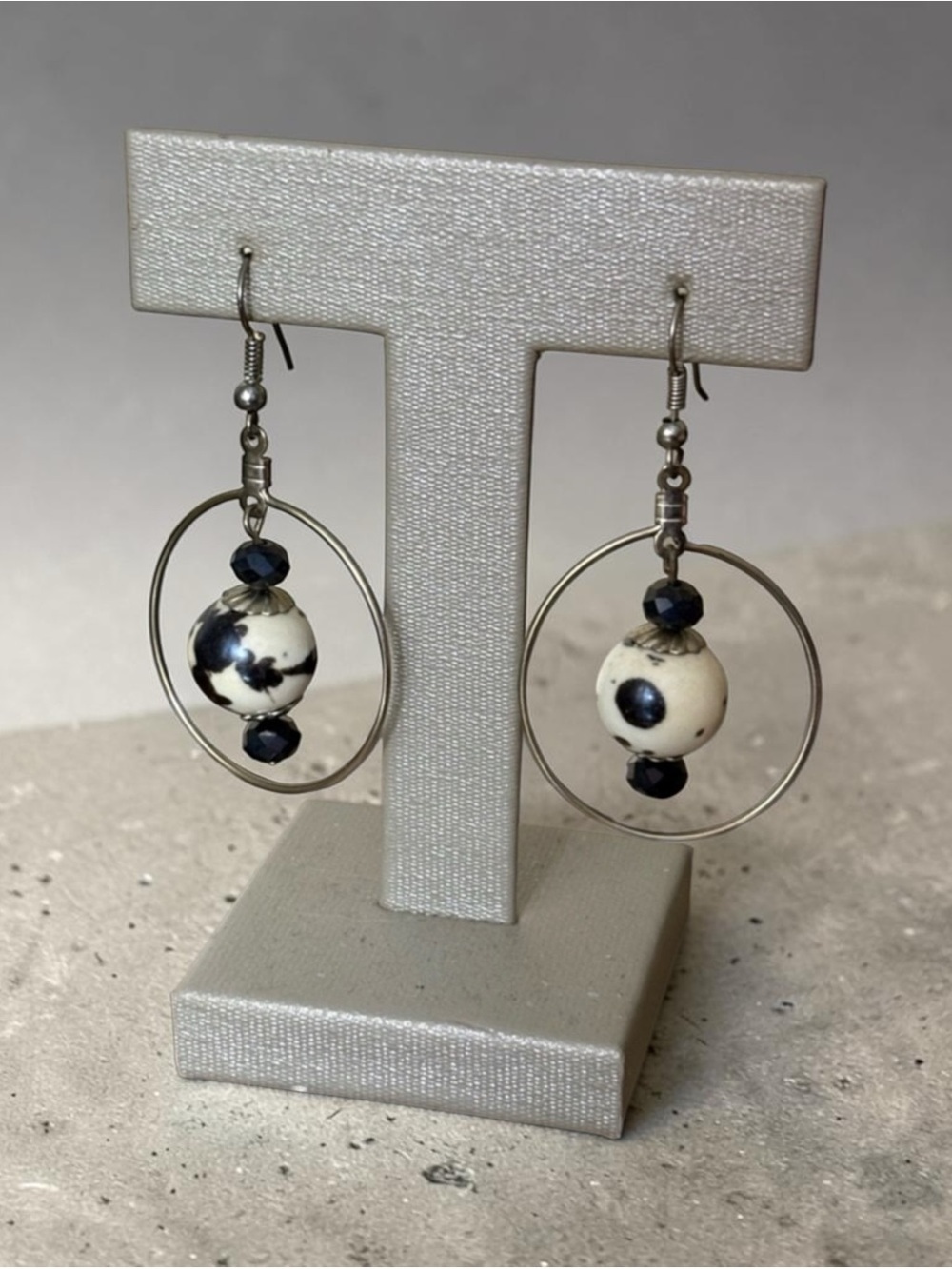 Sterling Silver Hoop Black/White Beaded Earrings